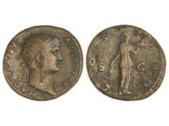 Dupondio. Acuñada el 125-128 d.C. ADRIANO. Anv.: HADRIANVS AVG. Cabeza radiada a derecha. Rev.: COS. III S. C. Buena Fe en pie a derecha, con espigas y cesta de frutas. 13,53 grs. C-888. MBC/MBC-.