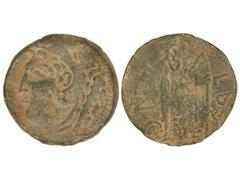 Dupondio. ÉPOCA DE AUGUSTO. GADES. Anv.: Cabeza de Hércules a izquierda, detrás clava. Rev.: BALBVS (P)ONT. Cuchillo, símpulo y hacha. 21.08 grs. Pátina verde. RARA. AB-1377. EBC-/MBC.