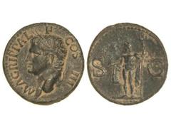 Dupondio. Acuñada el 27-12 a.C. AGRIPPA. Anv.: M. AGRIPPA L. F. COS. III. Cabeza a izquierda con corona rostral. Rev.: S.C. Neptuno en pie a izquierda con tridente y delfín. 11,82 grs. C-3. MBC+/MBC.