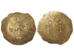 Aspron Trachy. JUAN II COMNENUS (1118-1143). CONSTANTINOPLA. Anv.: Cristo entronizado. Rev.: Juan II y San Jorge con una cruz patriarcal. 4,27 grs. AU electron. (Ligera grieta). Se-1941. MBC+.