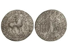 Tetradracma. 5 a.C.-20 d.C. GONDOPHARES. ABDAGASES. REINO INDO-PARTO. Anv.: El rey a caballo a derecha, coronado por Nike, alrededor leyenda. Rev.: Zeus con cetro y monogramas a derecha, alrededor ley