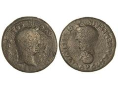 Dupondio. ÉPOCA DE TIBERIO. COLONIA RÓMULA. Anv.: (PERM.) DIVI AVG. COL. ROM. Cabeza radiada de Augusto a derecha, delante fulmen. Rev.: IVLIA AVGVSTA GENETRIX ORBIS. Cabeza de Livia a izquierda, enci