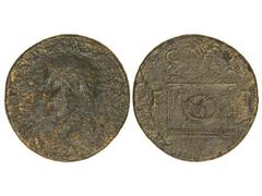 Dupondio. ÉPOCA DE TIBERIO. TARRACO. Anv.: (TI. CAESAR DIVI. AVG. F. AVGVSTVS). Cabeza laureada de Tiberio a izquierda. Rev.: Ara, alrededor C.V.T.T. 23,35 grs. Pátina oscura. (Oxidaciones). RARA. AB-