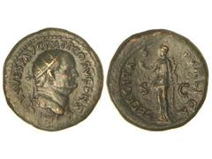 Dupondio. Acuñada el 74 d.C. VESPASIANO. Anv.: IMP. CAES. VESP. AVG. P. M. T. P. COS. V. CENS. Cabeza radiada a derecha. Rev.: FELICITAS PVBLICA. Felicidad en pie a izquierda. 14,35 grs. Pátina verdos