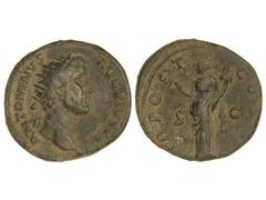 Dupondio. Acuñada el 139 d.C. ANTONINO PÍO. Anv.: ANTONINVS AVG. PIVS P. P. Cabeza radiada a derecha. Rev.: TR. POT. COS. II. Felicidad en pie a izquierda con caduceo y cornucopia. 12,73 grs. Pátina o