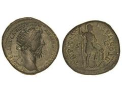 Dupondio. Acuñada el 163-164 d.C. MARCO AURELIO. Anv.: M. AVREL. ANTONINVS AVG. ARMENIACVS P. M. Cabeza radiada a derecha. Rev.: TR. P. XVIII IMP. II CSO. III S. C. Marte en pie a derecha con lanza y 