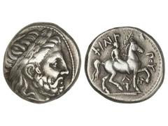 Tetradracma. 356-336 a.C. FILIPO II. ANFÍPOLIS-MACEDONIA. Anv.: Cabeza de Zeus laureado a derecha. Rev.: Jinete a derecha, encima ritón, ¶y ¶en monograma, alrededor ¶-¶. 14,14 grs. CY-1213. MBC+/MBC.