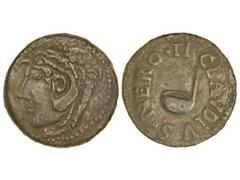 Dupondio. GADES. Anv.: Cabeza de Hércules a izquierda, detrás clava. Rev.: Símpulo a izquierda, alrededor TI. CLAVDIVS NERO. 18,20 grs. (Probablemente busto y leyenda realzado). AB-1381. MBC+.