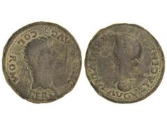 Dupondio. ÉPOCA DE TIBERIO. COLONIA RÓMULA. Anv.: PERM. DIVI AVG. COL. ROM. Cabeza radiada de Augusto a derecha, delante fulmen. Rev.: IVLIA AVGVSTA GENETRIX ORBIS. Cabeza de Livia, debajo globo, enci