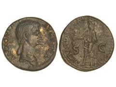 Dupondio. Acuñada el 41-42 d.C. ANTONIA. Anv.: ANTONIA AVGVSTA. Busto a derecha. Rev.: TI. CLAVD(IVS CAESAR AVG. P. M. TR. P.) IMP. P. P. S. C. Claudio en pie a izquierda. 10,45 grs. Pátina oscura. C-