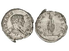 Denario. Acuñada el 198-209 d.C. GETA. Anv.: GETA CAES PONT COS. Busto de Geta a derecha. Rev.: VOTA PVBLICA.Geta velado y togado de pie a izquierda, sacrificando sobre un altar. 3,73 grs. C-230; Ric-