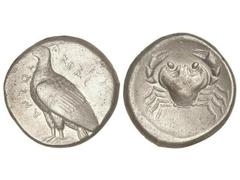 Tetradracma. 460-450 a.C. AKRAGAS. SICILIA. Anv.: Águila en pie a izquierda, delante y detrás leyenda. Rev.: Cangrejo. 17,19 grs. MUY ESCASA. SNG.ANS-964 var. MBC+/EBC-.