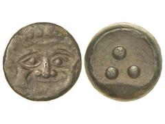 Tetras. 430-420 a.C. SICILIA. HIMERA. Anv.: Gorgona de frente. Rev.: Tres globos. 13,60 grs. AE. RARA. SNG.ANS-181. MBC+.