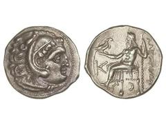 Dracma. 336-323 a.C. ALEJANDRO MAGNO. MACEDONIA. Anv.: Cabeza de Hércules con piel de león a derecha. Rev.: Zeus entronizado a izquierda, detrás leyenda, delante K y debajo de la silla ¶. 4,11 grs. AR