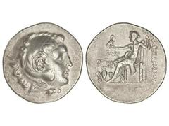Tetradracma. 336-323 a.C. ALEJANDRO MAGNO. TEMNOS. Anv.: Cabeza de Hércules con piel de león a derecha. Rev.: Zeus entronizado a izquierda, detrás leyenda, delante símbolos. 16,49 grs. AR. Müller-963.