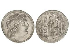 Tetradracma. 138-129 a.C. ANTÍOCO VII. REYES SELÉUCIDAS. SIRIA. Anv.: Cabeza masculina diademada a derecha. Rev.: Atenea en pie con Nike a izquierda, alrededor leyenda. 15,78 grs. AR. Cy-3080. EBC-.