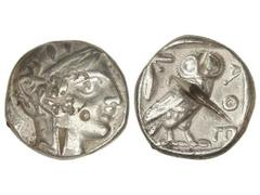Tetradracma. 449-413 a.C. ATENAS. Anv.: Cabeza de Atenea con casco a derecha. Rev.: Lechuza en pie a derecha, detrás creciente y rama de olivo, delante A¶E. 17,10 grs. AE. (Dos golpes de cizalla, marc
