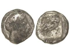 Tetradracma. 406-404 a.C. ATENAS. Anv.: Cabeza con casco de Atenea a derecha. Rev.: Lechuza en pie a derecha, detrás creciente y rama de olivo, delante A¶E. 15,30 grs. Br./AR. cuñada en bronce y forra