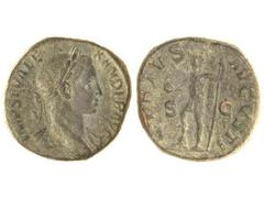 Sestercio. Acuñada el 222-231 d.C. ALEJANDRO SEVERO. Anv.: IMP. SEV. ALEXANDER AVG. Busto laureado a derecha. Rev.: VIRTVS AVGVSTI S. C. Alejandro Severo en pie a izquierda con cetro y globo. 18,75 gr