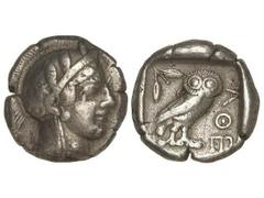Tetradracma. 403-365 a.C. ATENAS. Anv.: Cabeza de Atenea con casco a derecha. Rev.: Lechuza en pie a derecha, detrás creciente y rama de olivo, delante A¶E. 17,36 grs. AR. CY-2023. MBC/MBC+.