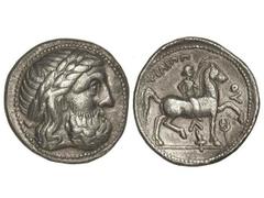 Tetradracma. Siglo III-II a.C. IMITACIONES DE FILIPO II DE MACEDONIA. EUROPA CENTRAL y ASIA MENOR. Anv.: Cabeza laureada de Zeus a derecha. Rev.: Jinete con palma a derecha, encima leyenda, debajo ant
