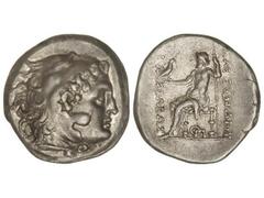 Tetradracma. 336-323 a.C. ALEJANDRO MAGNO. MACEDONIA. Anv.: Cabeza de Hércules con piel de león a derecha. Rev.: Zeus entronizado a izquierda, delante y detrás leyenda. 17,04 grs. AR. EBC.