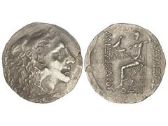 Tetradracma. 80-72 a.C. ALEJANDRO MAGNO. Acuñación posterior a Alejandro. ODESSOS. TRACIA. Anv.: Cabeza de Hércules con piel de león a derecha. Rev.: Zeus entronizado a izquierda, delante y detrás ley