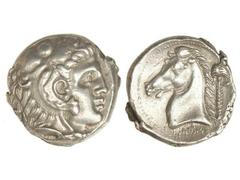 Tetradracma. 330-310 a.C. DOMINACIÓN CARTAGINESA EN SICILIA. Anv.: Cabeza de Hércules con piel de león a derecha. Rev.: Cabeza de caballo a izquierda, detrás palmera, debajo leyenda púnica. 16,99 grs.