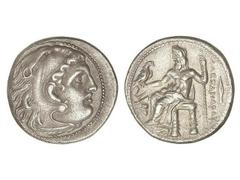 Dracma. 323-319 a.C. ALEJANDRO MAGNO. MAGNESIA y MAEANDRUM. Anv.: Cabeza de Hércules con piel de león a derecha. Rev.: Zeus entronizado a izquierda, detrás leyenda y punta de lanza, delante abeja. 4,2
