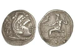 Dracma. 336-323 a.C. ALEJANDRO MAGNO. INCIERTA. Anv.: Cabeza de Hércules con piel de león a derecha. Rev.: Zeus entronizado a izquierda, detrás leyenda, delante símbolo, debajo de la silla K dentro de