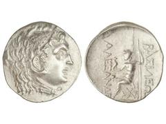 Tetradracma. 200-100 a.C. ALEJANDRO MAGNO. MESEMBRIA. Anv.: Cabeza de Hércules con piel de león a derecha. Rev.: Zeus entronizado a izquierda, en el campo casco, debajo de la silla monograma. 16,70 gr