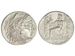 Tetradracma. 130-100 a.C. ALEJANDRO MAGNO. ODESA. Anv.: Cabeza de Hércules con piel de león a derecha. Rev.: Zeus entronizado a izquierda, en el campo ¶E, debajo en monograma O¶H. 16,58 grs. AR. Cy-13