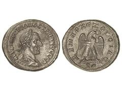 Tetradracma. Acuñada el 249-251 d.C. TRAJANO DECIO. ANTIOQUÍA. SIRIA. Anv.: Busto laureaado a derecha, alrededor leyenda. Rev.: Águila en pie a derecha, alrededor leyenda. 13,19 grs. Ve. GIC-4209 sim.