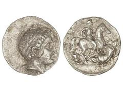 Tetradracma. 340-315 d.C. PATRAOS. PEONIA. Anv.: Cabeza laureada de Apolo a derecha. Rev.: Jinete armado galopando a derecha, debajo enemigo, detrás del caballo cántaro. 12,34 grs. AR. (Erosión en anv