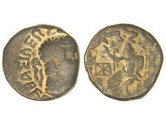 Tetradracma. 40-1 a.C. HERMAIOS. BACTRIA E INDOGRECIA. Anv.: Busto diademado a derecha, alrededor leyenda. Rev.: Zeus entronizado a izquierda, delante monograma, alrededor leyenda karosthi. 8,79 grs. 