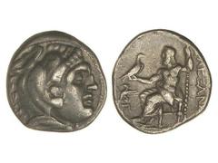 GREEK COINS Dracma. 336-323 a.C. ALEJANDRO MAGNO. ABDERA. TRACIA. Anv.: Cabeza de Hércules con piel de león a derecha. Rev.: Zeus entronizado a izquierda, detrás leyenda, delante símbolo. 4,09 grs. AR