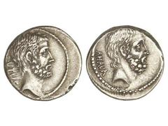 ROMAN COINS: ROMAN REPUBLIC Denario. 54 a.C. JUNIA-30. Q. Caepio Brutus. Anv.: Cabeza de Junius Brutus el anciano a derecha, detrás BRVTVS. Rev.: Cabeza de Servilius Ahala a derecha, detrás AHALA. 4,0