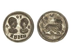 ROMAN COINS Sello imperial incuso. Siglo III-IV d.C. ¿CONSTANTINO y HELENA? . Anv.: Bustos enfrentados con inscripción ¶OIN alrededor, creciente encima. En exergo: AB¶H. Rev.: Carnero a derecha, encim