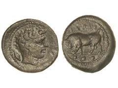 GREEK COINS Tetras. 420-405 a.C. GELA. SICILIA. Anv.: Toro a izquierda, encima leyenda. En exergo: tres puntos. Rev.: Cabeza de Gela a derecha. 4,12 grs. AE. Pátina oscura. CNG-379 var. MBC.