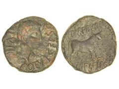 CELTIBERIAN COINS As. ÉPOCA DE AUGUSTO. CELSA. Anv.: COL. V I. CELSA II VIR. Cabeza de Augusto a derecha. Rev.: L. POMPE. BVCCO. L. CORNE. FRONT. 15,72 grs. AE. Pátina verde rojiza. AB-804. MBC-.