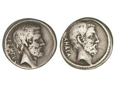 ROMAN COINS: ROMAN REPUBLIC Denario. 54 a.C. JUNIA-30. Q. Caepio Brutus. Anv.: Cabeza Junius Brutus el anciano a derecha, detrás BRVTVS. Rev.: Cabeza de Servilius Ahala a derecha, detrás AHALA. 3,76 g