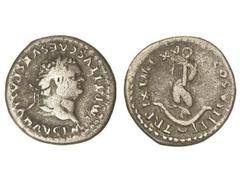 ROMAN COINS: ROMAN EMPIRE Denario. Acuñada el 80 d.C. TITO. Anv.: IMP. TITVS CES. VESPASIAN. AVG. P. M. Cabeza laureada a derecha. Rev.: TR. P. IX IMP. XV COS. VIII P. P. Delfín enroscado en un áncora