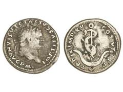 ROMAN COINS: ROMAN EMPIRE Denario. Acuñada el 80 d.C. TITO. Anv.: IMP. TITVS CAES. VESPASIAN. AVG. P. M. Cabeza laureada a derecha. Rev.: TR. P. IX IMP. XV COS. VIII P. P. Delfín enroscado en un áncor