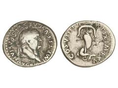 ROMAN COINS: ROMAN EMPIRE Denario. Acuñada el 79-80 d.C. TITO. Anv.: IMP. TITVS CAES. VESPASIAN. AVG.P. M. Cabeza laureada a izquierda. Rev.: TR. P. IX IM. XV COS. VIII P. P. Delfín enroscado en una á