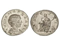 ROMAN COINS: ROMAN EMPIRE Denario. Acuñada el 218-223 d.C. JULIA MAESA. Anv.: IVLIA MAESA AVG. Busto a derecha. Rev.: PVDICITIA. Pudibundez sentada a izquierda con cetro. 3,42 grs. AR. (Ligera oxidaci