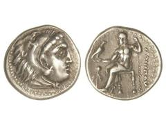 GREEK COINS Dracma. 336-323 a.C. ALEJANDRO MAGNO. MACEDONIA. Anv.: Cabeza de Hércules con piel de león a derecha. Rev.: Zeus entronizado a izquierda, detrás leyenda, delante símbolo. 4,23 grs. AR. Cy-