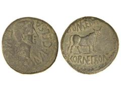 CELTIBERIAN COINS As. ÉPOCA DE AUGUSTO. CELSA. Anv.: COL. V. I. CELSA II. VIR. Cabeza de Augusto a derecha. Rev.: L. POMPE. BVCCO. L. CORNE. FRONT. Toro a derecha. 13,13 grs. AR. Pátina verde. AB-804.
