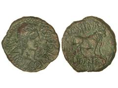 CELTIBERIAN COINS As. ÉPOCA DE AUGUSTO. CELSA. Anv.: COL. V I. CELSA II VIR. Cabeza de Augusto a derecha. Rev.: L. POMPE. BVCCO. L. CORNE. FRONT. Toro a derecha. 13 grs. Pátina verdosa. Algo realzada.