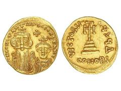 BYZANTINE COINS Sólido. CONSTANTE II (641-668 d.C.). CONSTANTINOPLA. Anv.: DN. CONStANtIN¶S C. CONStANt. Bustos de Constantino IV y Constante de frente; cruz en el campo. Rev.: VICTORIA AV¶. CONOBI. C