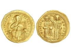 BYZANTINE COINS Histamenon Nomisma. ROMANO III (1028-1034 d.C.). CONSTANTINOPLA. Anv.: ¶IhS XIS REX RE¶NANTI¶. Cristo entronizado de frente. Rev.: ¶C¶bOH¶RWMANW. La Virgen coronando al emperador, entr